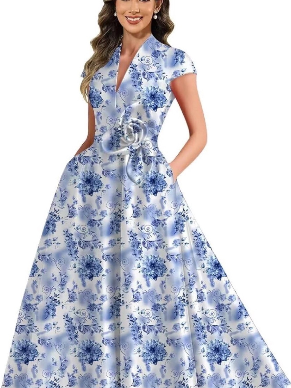 Blue Floral Satin Fit-and-Flare Dress